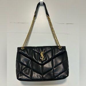 Black Leather Shoulder Bag with Gold Chain